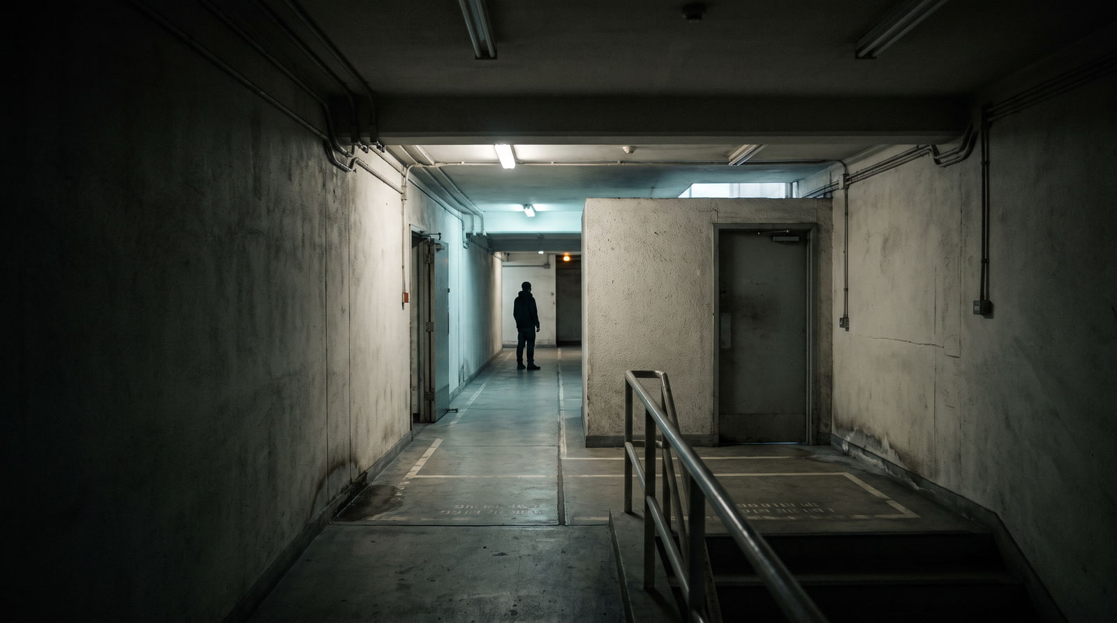 Concrete transitional interior whose corridors and levels offer no clear direction.