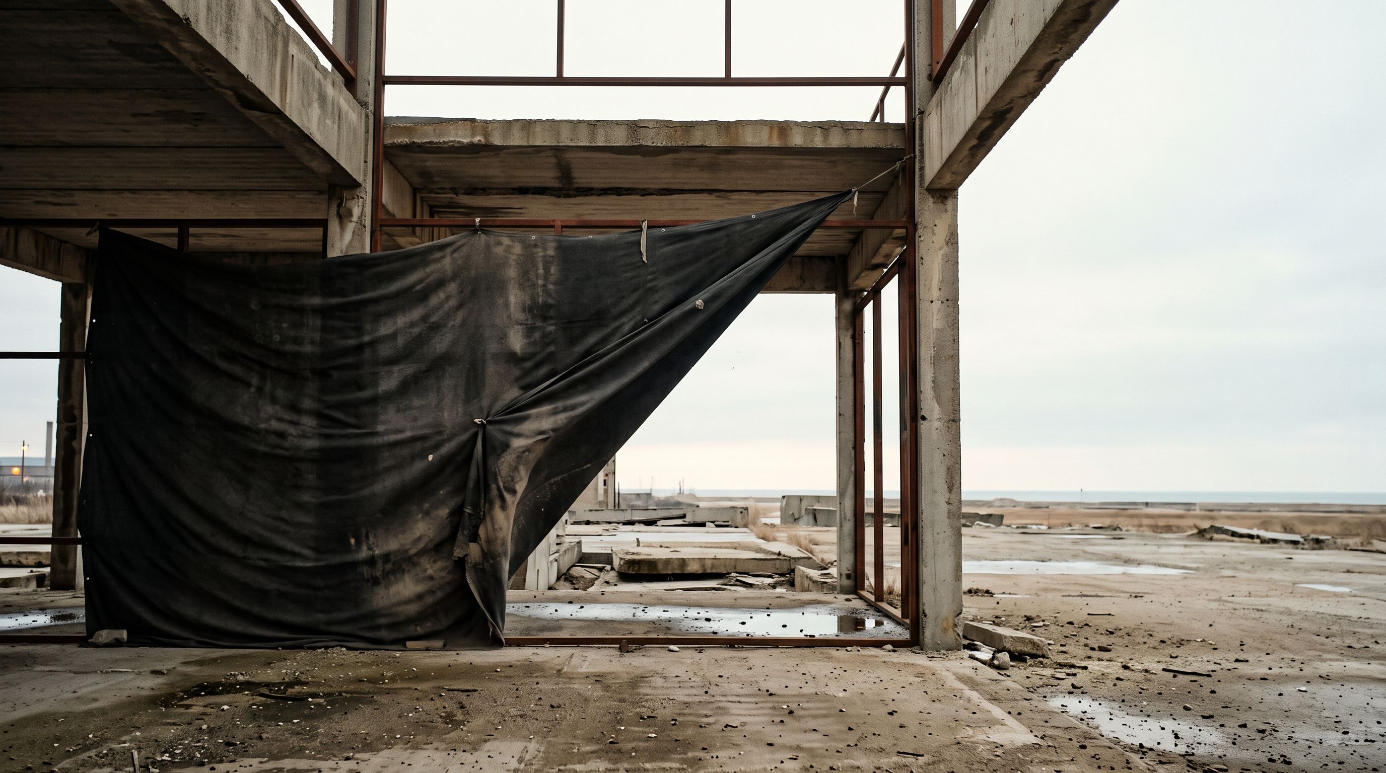 A dark tarpaulin stretches across the open frame of an abandoned shelter on a pale salt flat.