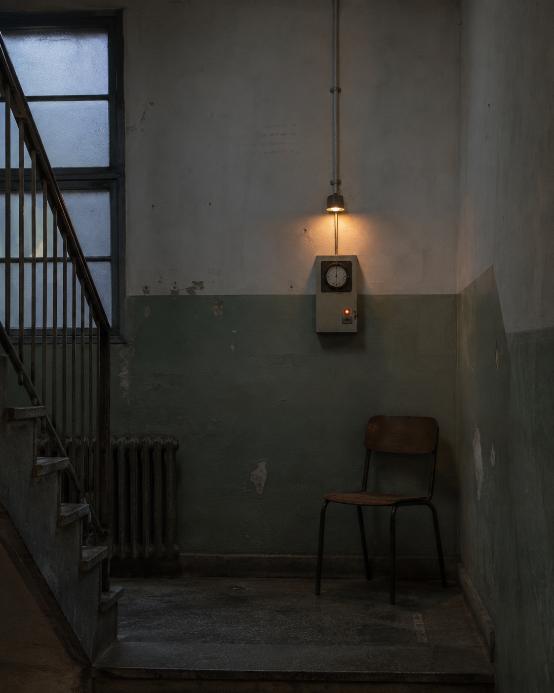 An empty worn stairwell landing contains a single chair, a wall-mounted electrical box and a small amber lamp.