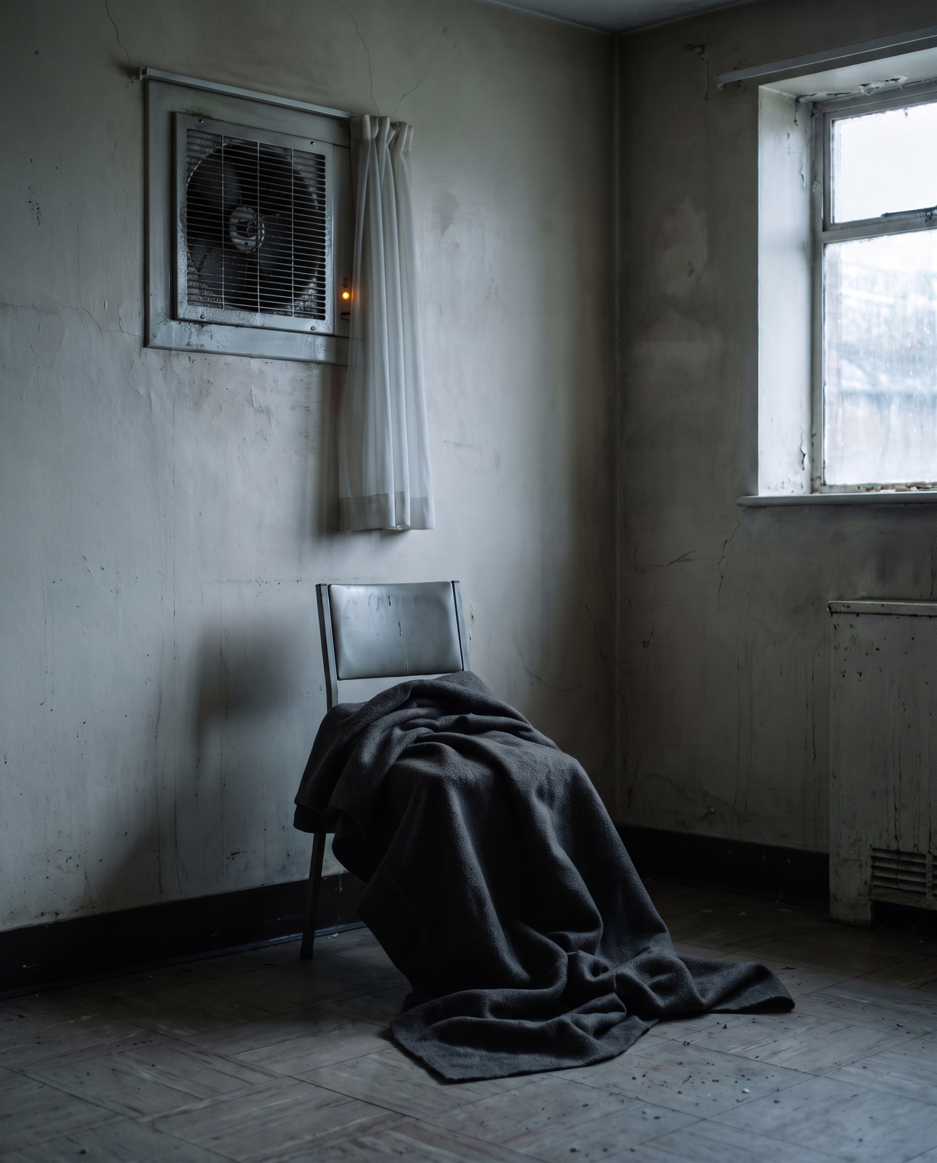 A dark cloth lies collapsed over a chair beneath a wall ventilation fan in a worn, nearly empty room.