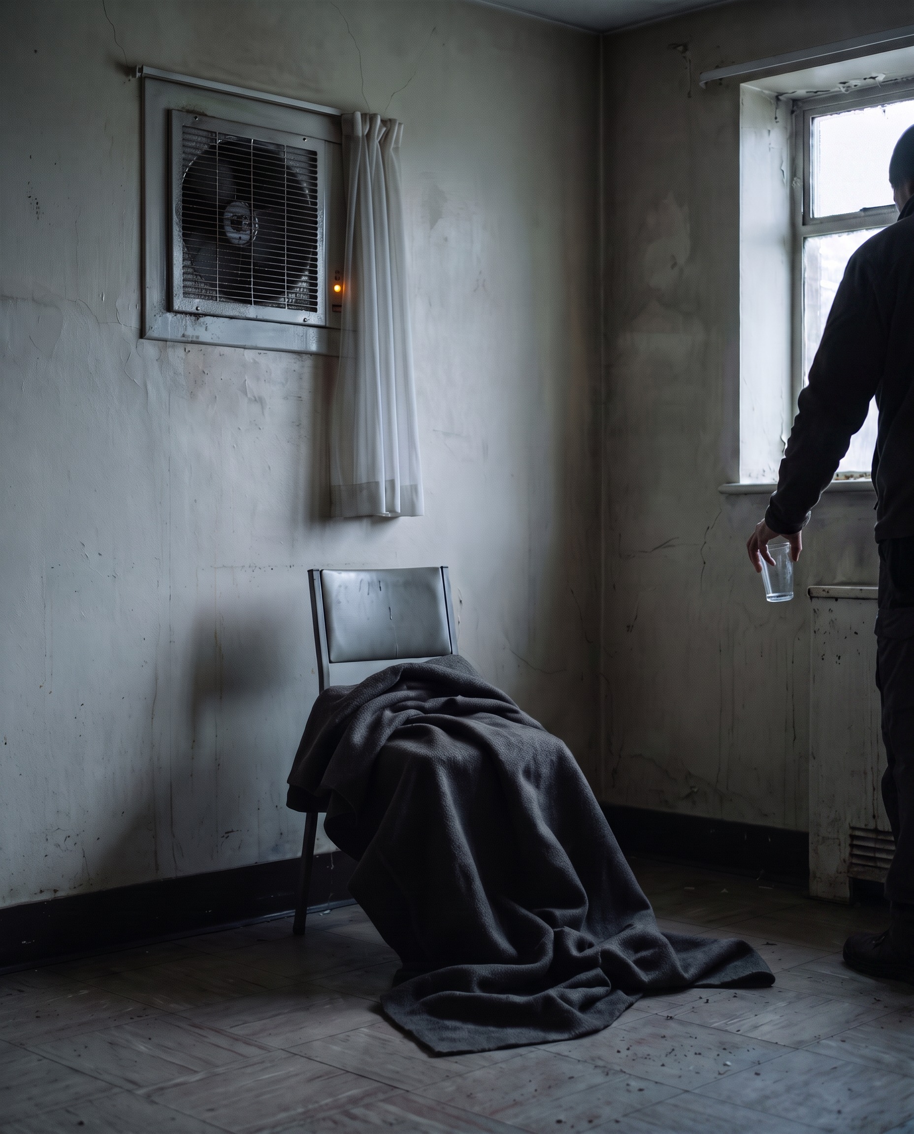 A person enters a worn room holding a glass beside a draped chair and a wall ventilation fan.